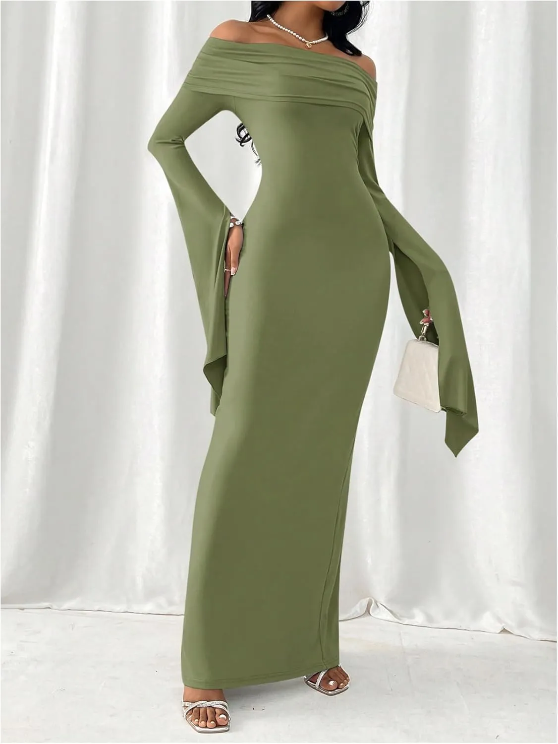 SOLY HUX Women's Maxi Dress Off Shoulder Long Sleeve Split Back Bodycon Long Dresses