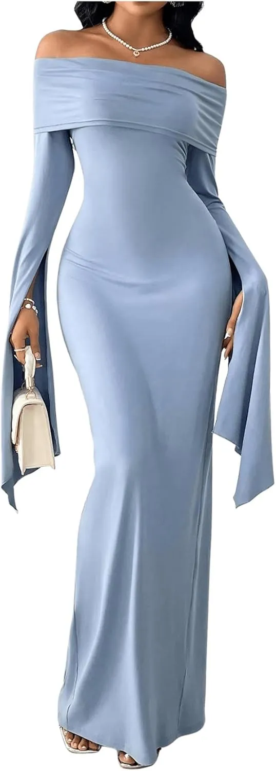 SOLY HUX Women's Maxi Dress Off Shoulder Long Sleeve Split Back Bodycon Long Dresses