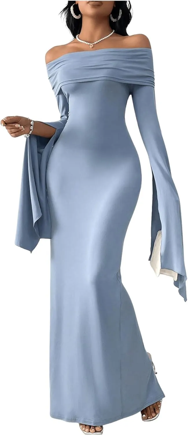 SOLY HUX Women's Maxi Dress Off Shoulder Long Sleeve Split Back Bodycon Long Dresses