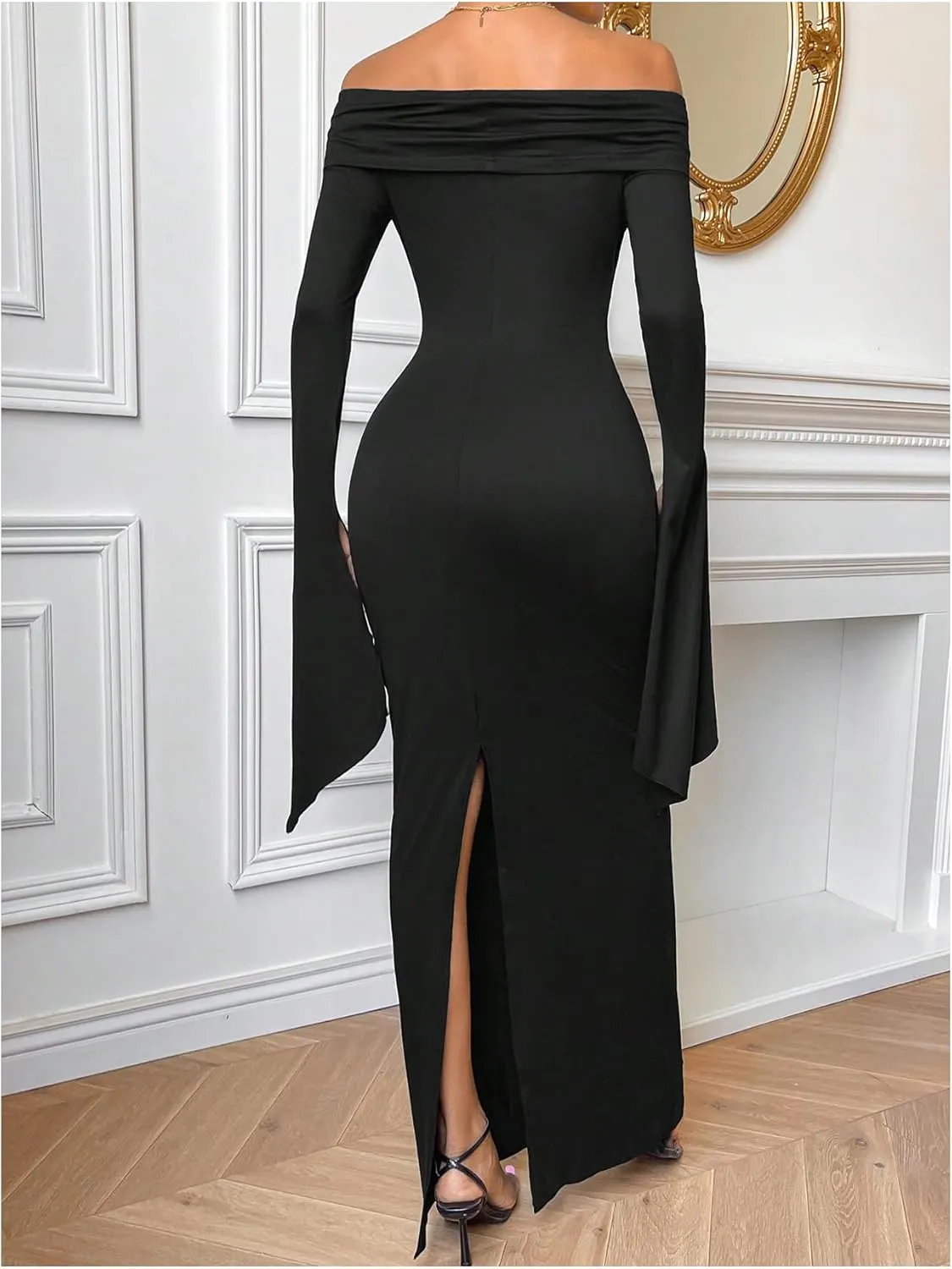SOLY HUX Women's Maxi Dress Off Shoulder Long Sleeve Split Back Bodycon Long Dresses