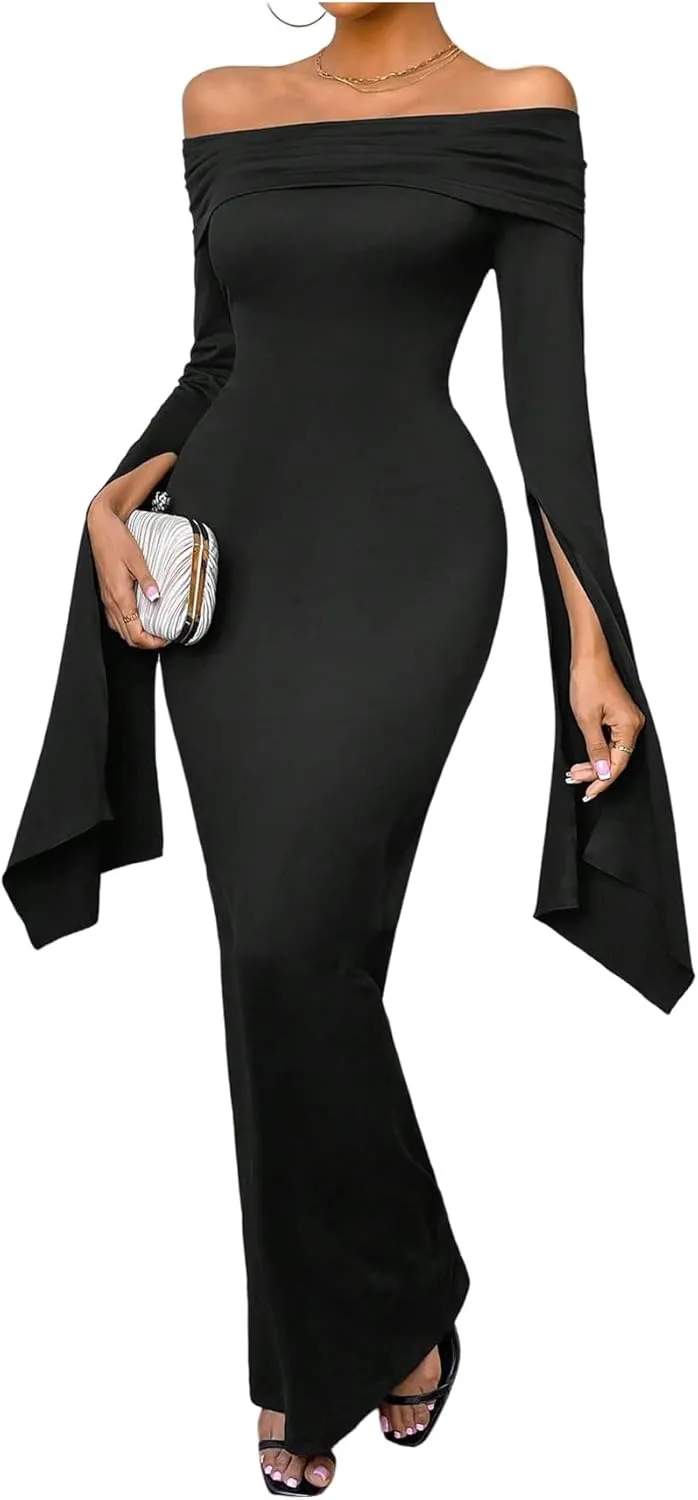 SOLY HUX Women's Maxi Dress Off Shoulder Long Sleeve Split Back Bodycon Long Dresses