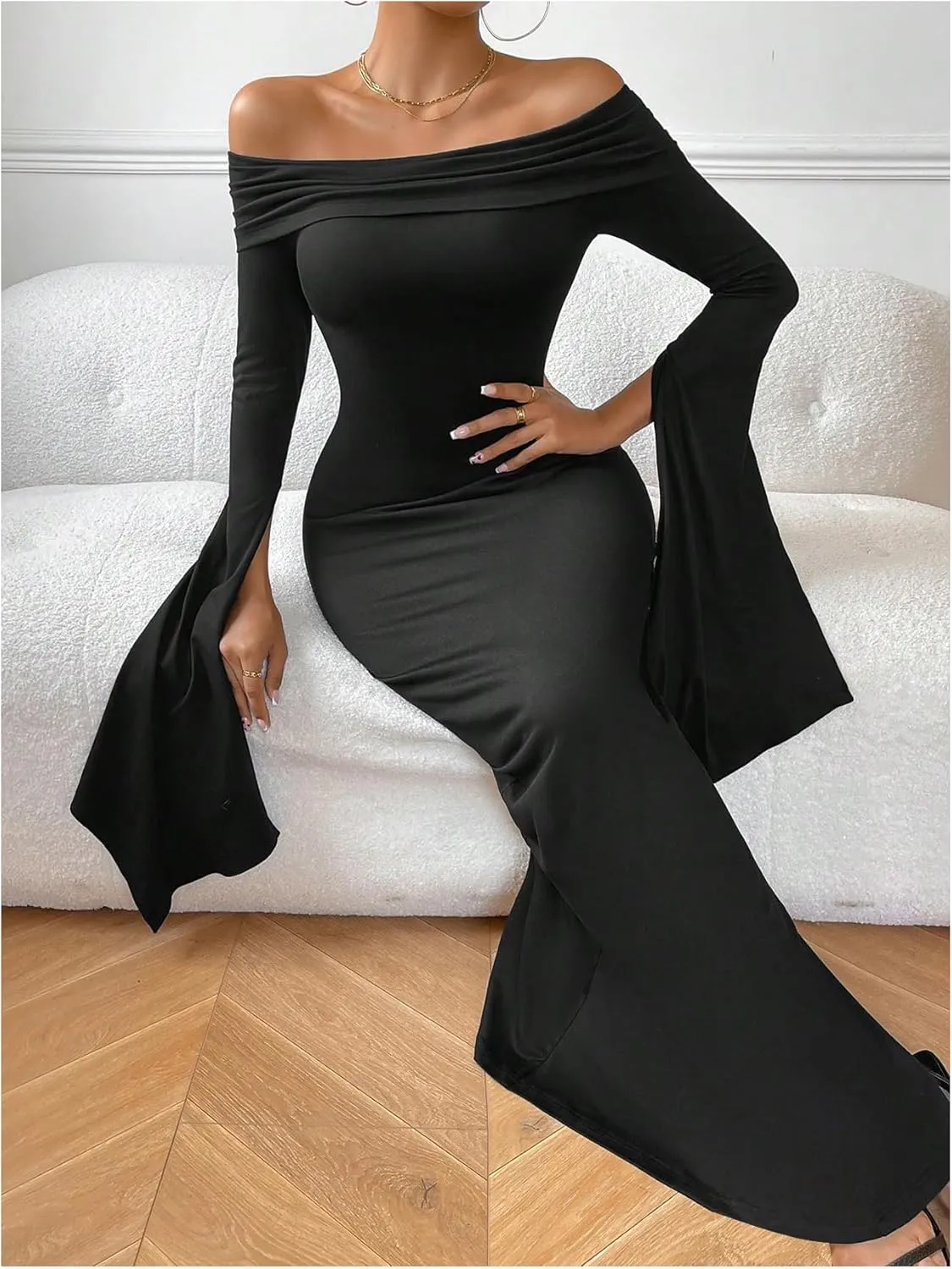 SOLY HUX Women's Maxi Dress Off Shoulder Long Sleeve Split Back Bodycon Long Dresses