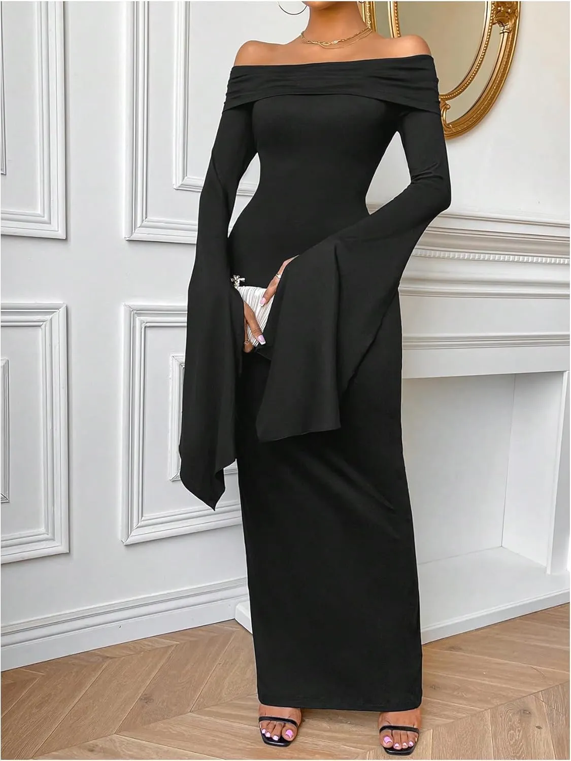 SOLY HUX Women's Maxi Dress Off Shoulder Long Sleeve Split Back Bodycon Long Dresses
