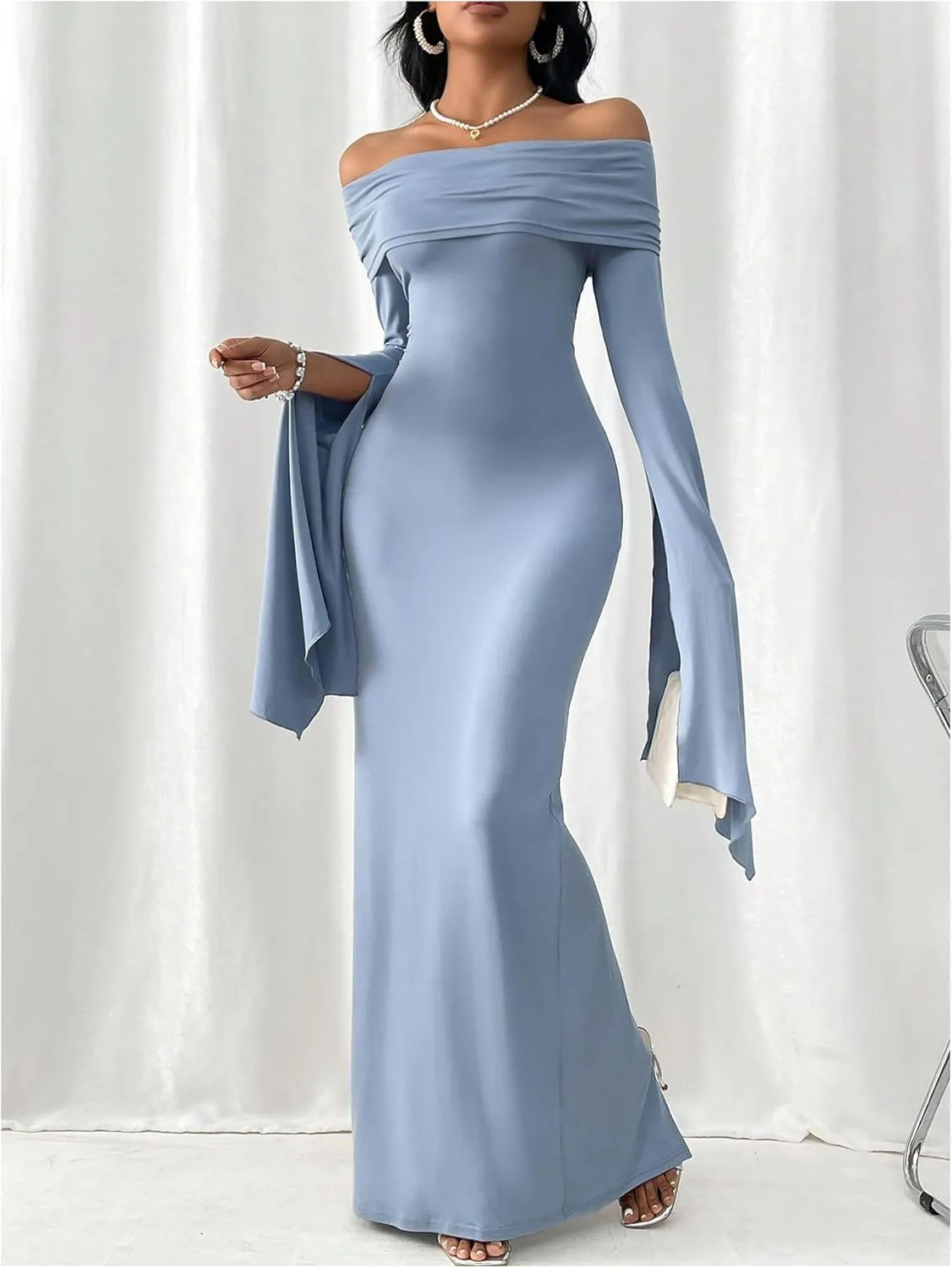 SOLY HUX Women's Maxi Dress Off Shoulder Long Sleeve Split Back Bodycon Long Dresses