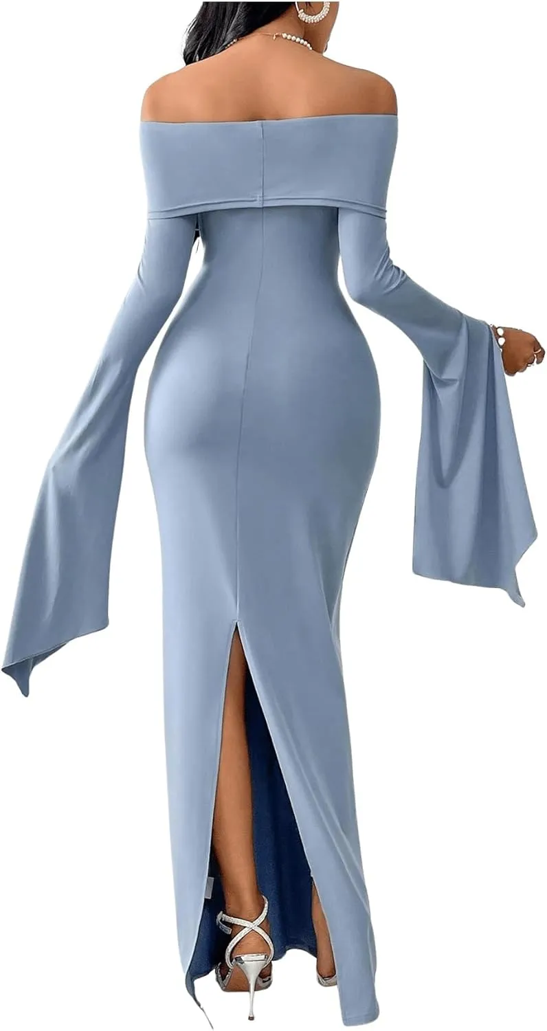 SOLY HUX Women's Maxi Dress Off Shoulder Long Sleeve Split Back Bodycon Long Dresses