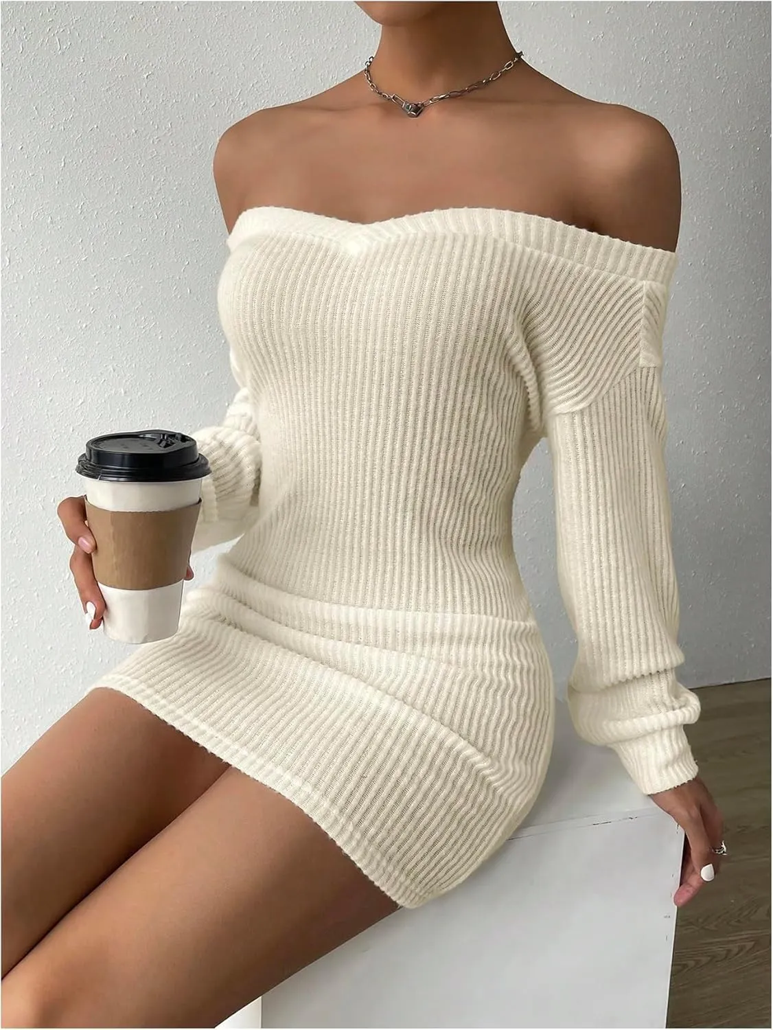SOLY HUX Women's Off Shoulder Long Sleeve Bodycon Mini Dress Casual Pencil Dresses
