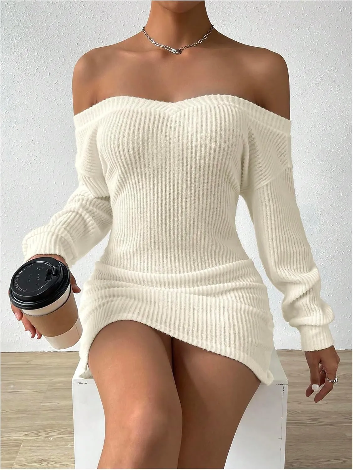SOLY HUX Women's Off Shoulder Long Sleeve Bodycon Mini Dress Casual Pencil Dresses