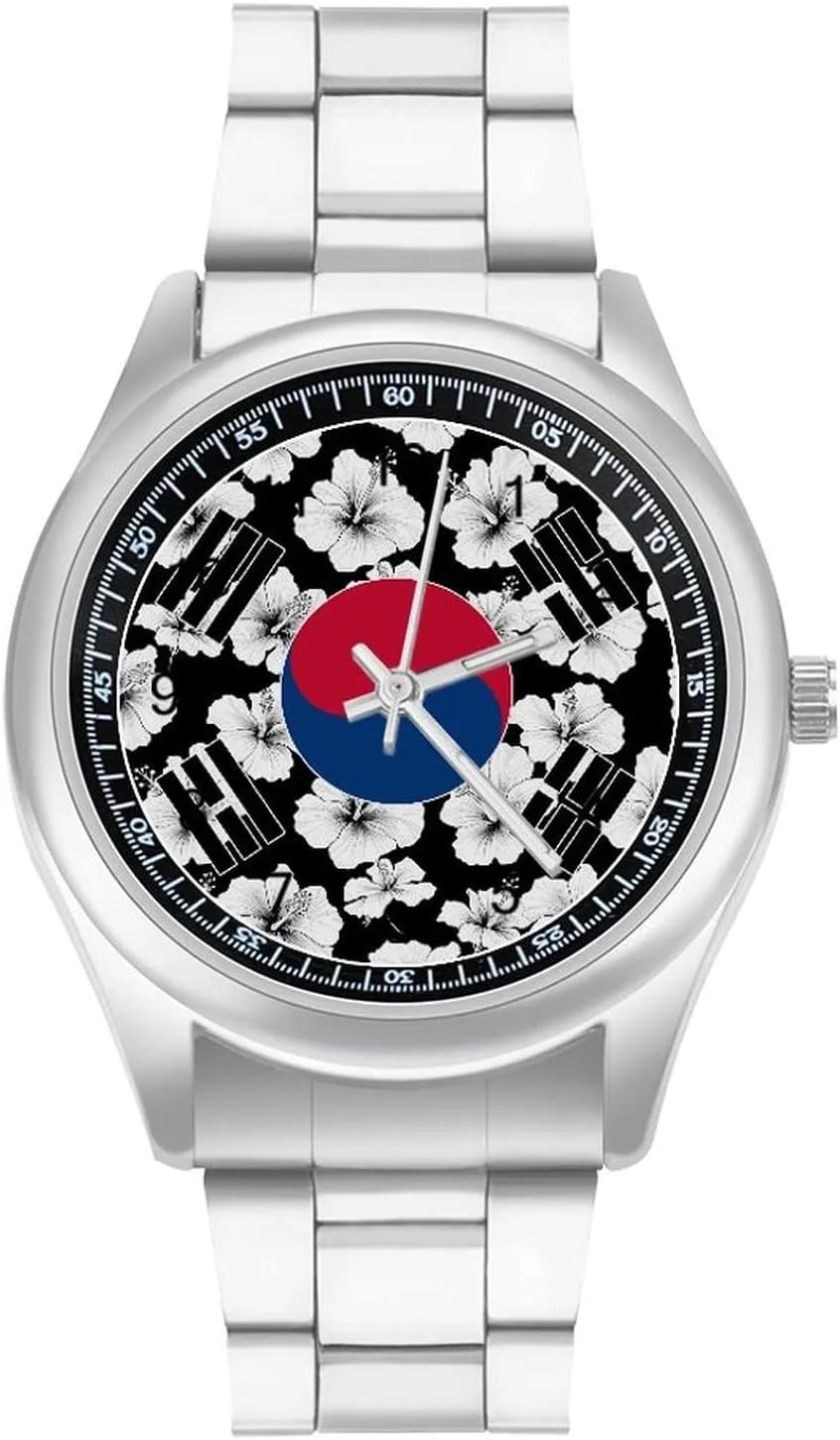 South Korea Korean Flag Hibiscus Flowers Stainless Steel Strap Simple Business Watches for Men Easy Reader Work Casual Watch