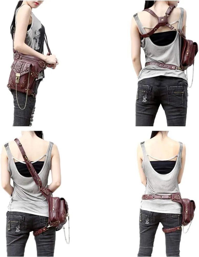 Steampunk Waist Bags PU Leather Gothic Bag Men and Women Hiking Fanny Pack Mini Travel Pockets