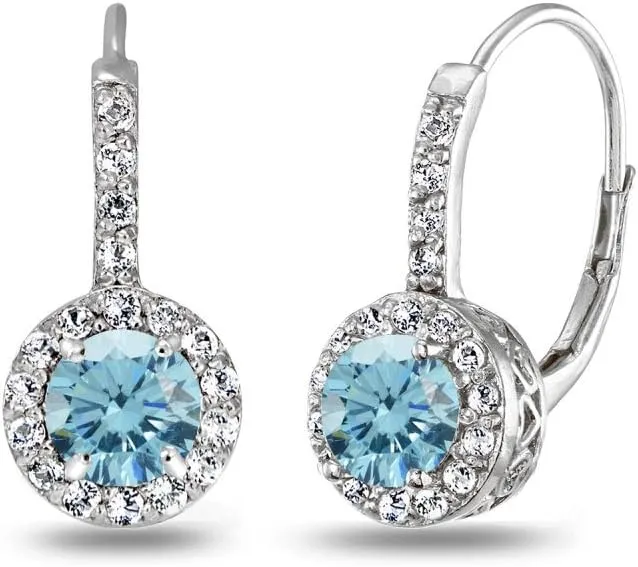 Sterling Silver Birthstone Crystal Earrings - Round Halo Leverback Huggie Dainty Dangle Drop Earrings for Women