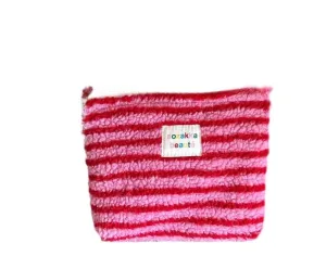 Striped Dot Plush Clutch Cosmetic Bag Large Capacity Makeup Pouch Toiletries Bag Travel Makeup Storage Case (Pink stripe)
