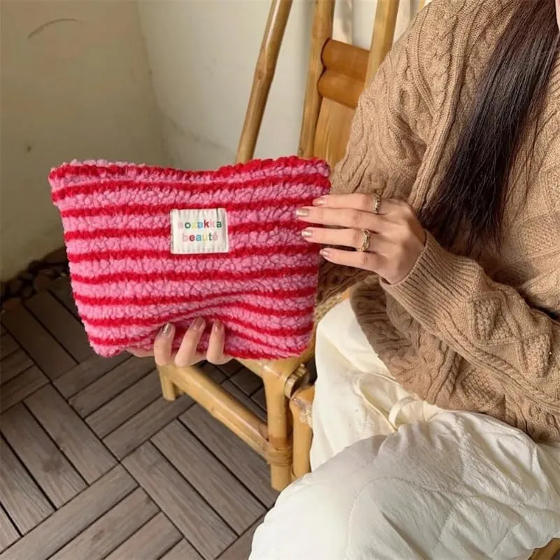 Striped Dot Plush Clutch Cosmetic Bag Large Capacity Makeup Pouch Toiletries Bag Travel Makeup Storage Case (Pink stripe)