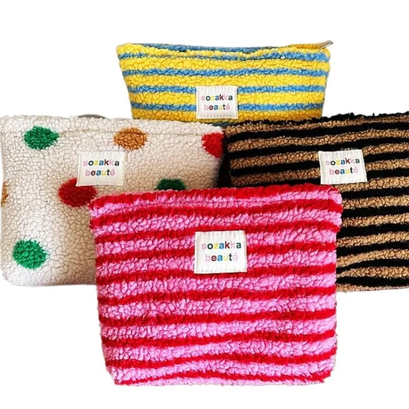 Striped Dot Plush Clutch Cosmetic Bag Large Capacity Makeup Pouch Toiletries Bag Travel Makeup Storage Case (Pink stripe)