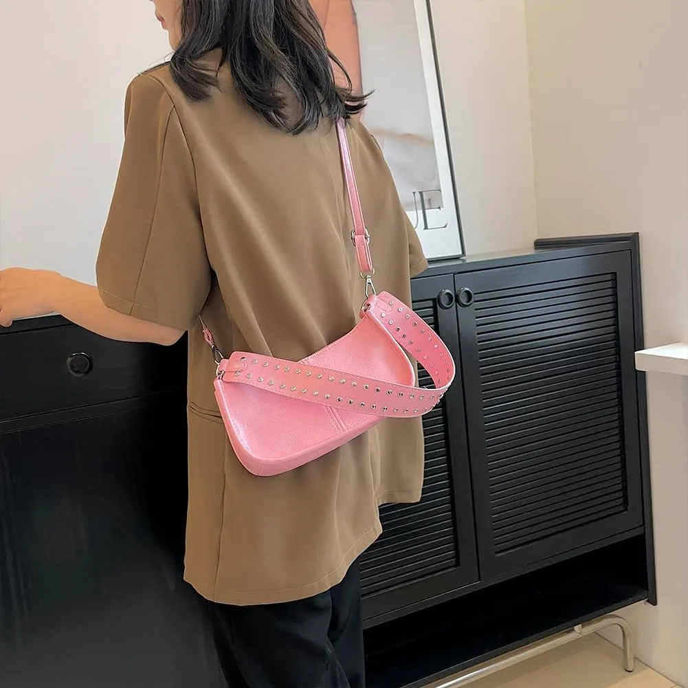 Studded Shoulder Bag Y2k Purse for Women Leather Handbag Clutch Purse Top Handle Satchel Retro Crossbody Bag