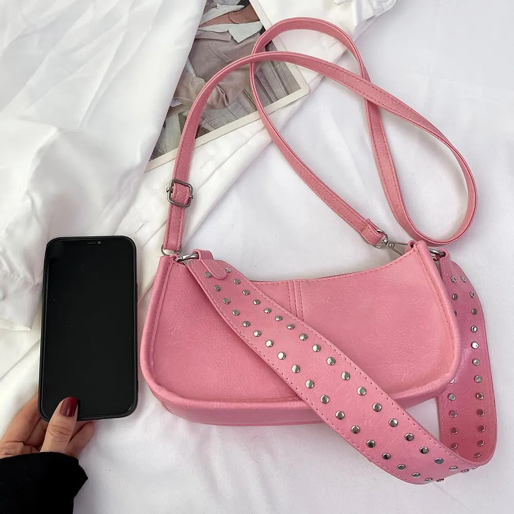 Studded Shoulder Bag Y2k Purse for Women Leather Handbag Clutch Purse Top Handle Satchel Retro Crossbody Bag