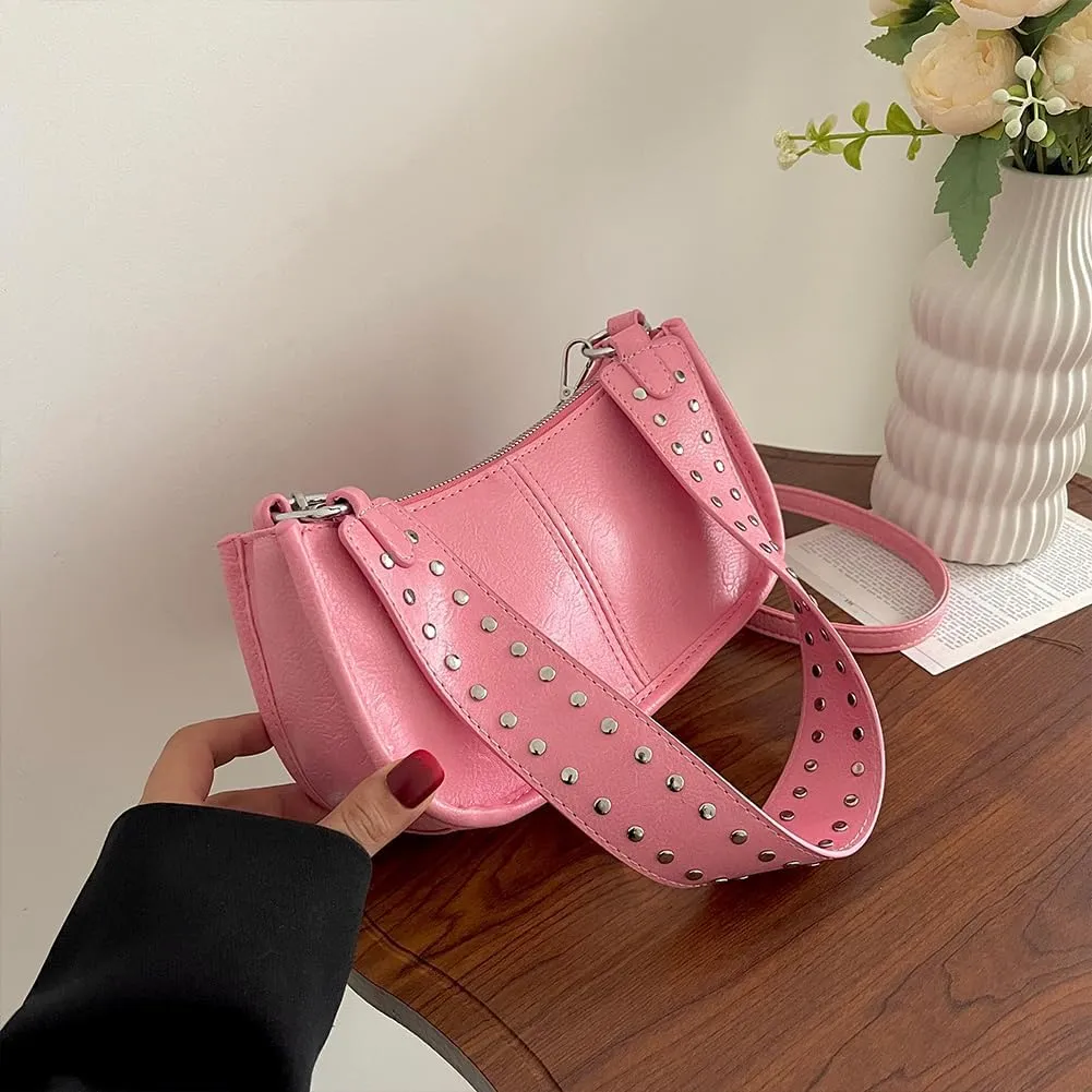 Studded Shoulder Bag Y2k Purse for Women Leather Handbag Clutch Purse Top Handle Satchel Retro Crossbody Bag