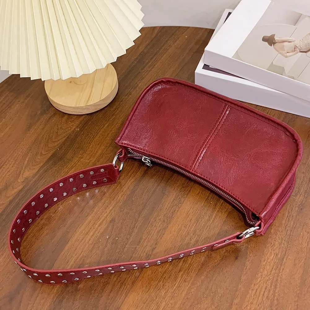 Studded Shoulder Bag Y2k Purse for Women Leather Handbag Clutch Purse Top Handle Satchel Retro Crossbody Bag