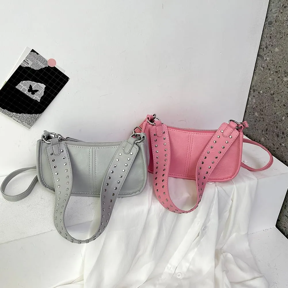 Studded Shoulder Bag Y2k Purse for Women Leather Handbag Clutch Purse Top Handle Satchel Retro Crossbody Bag