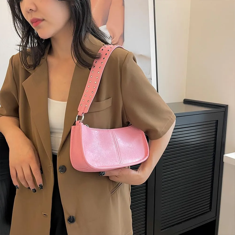 Studded Shoulder Bag Y2k Purse for Women Leather Handbag Clutch Purse Top Handle Satchel Retro Crossbody Bag