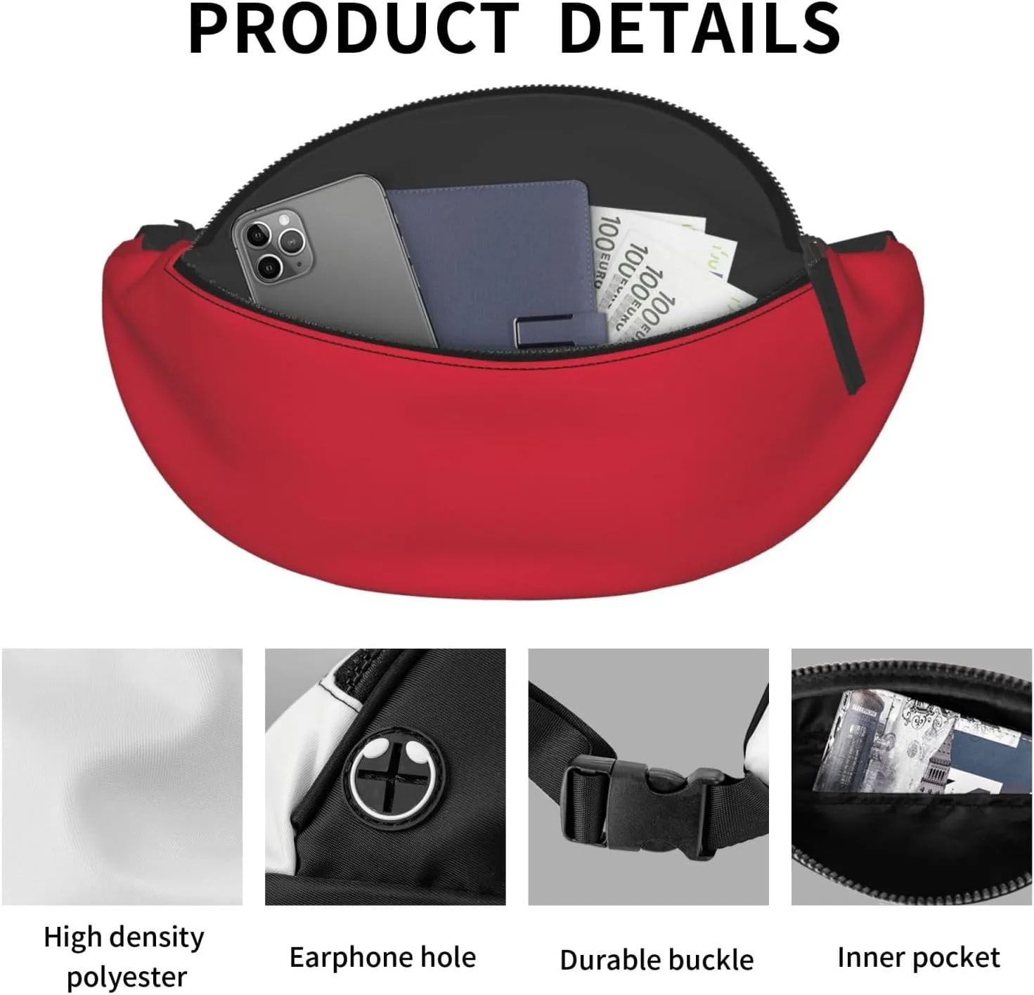 Stylish 3d Red Bumbags Waist Fanny Pack For Women Ladies Men Lightweight Bum Bag With Zip Pockets Adjustable Belt For Dog Walking Running Cycling Hiking Outdoor Sport