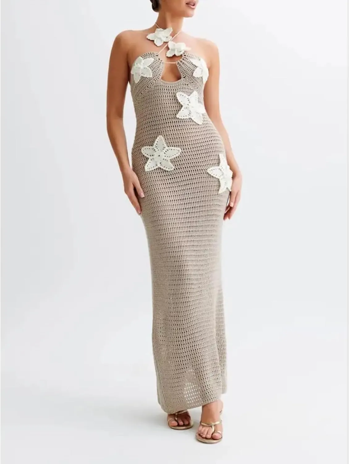 Summer 3D Flower Party Dresses Women's Halter Knitted Hollow Out Backless Dress Cover Up Holiday Party Maxi Robe