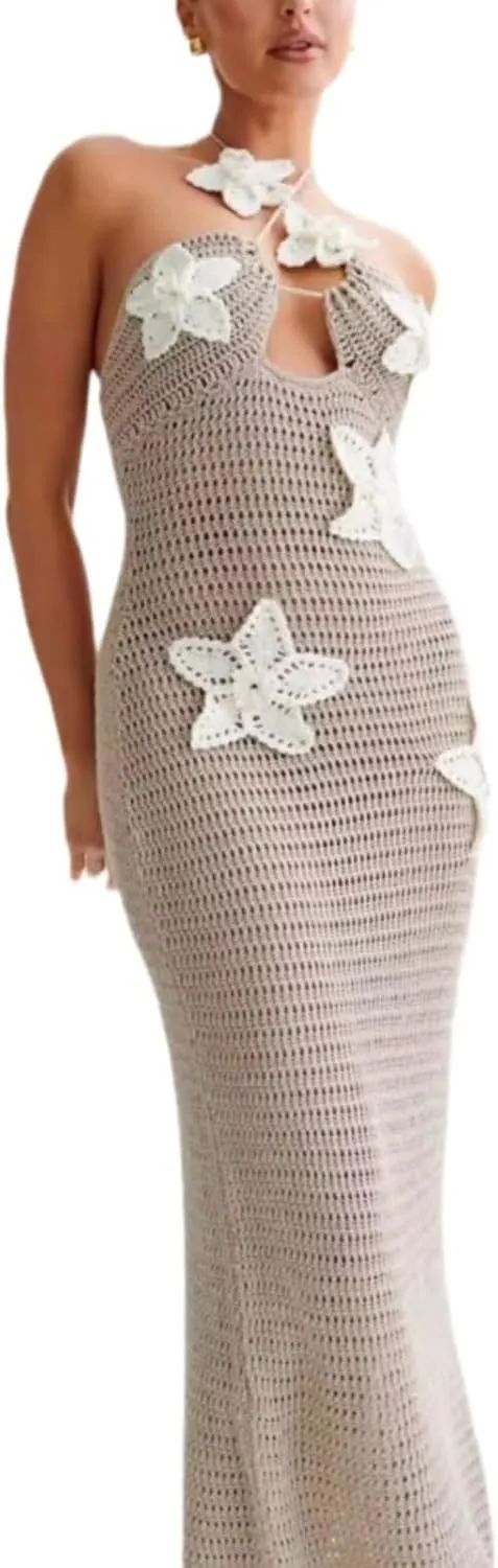 Summer 3D Flower Party Dresses Women's Halter Knitted Hollow Out Backless Dress Cover Up Holiday Party Maxi Robe