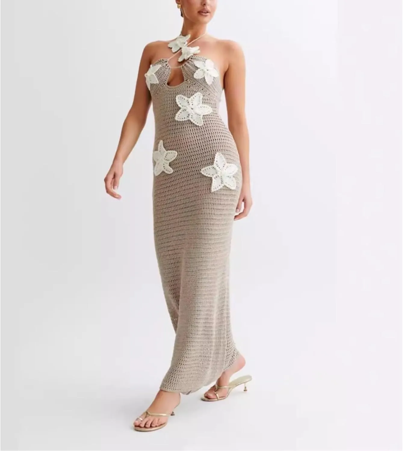 Summer 3D Flower Party Dresses Women's Halter Knitted Hollow Out Backless Dress Cover Up Holiday Party Maxi Robe