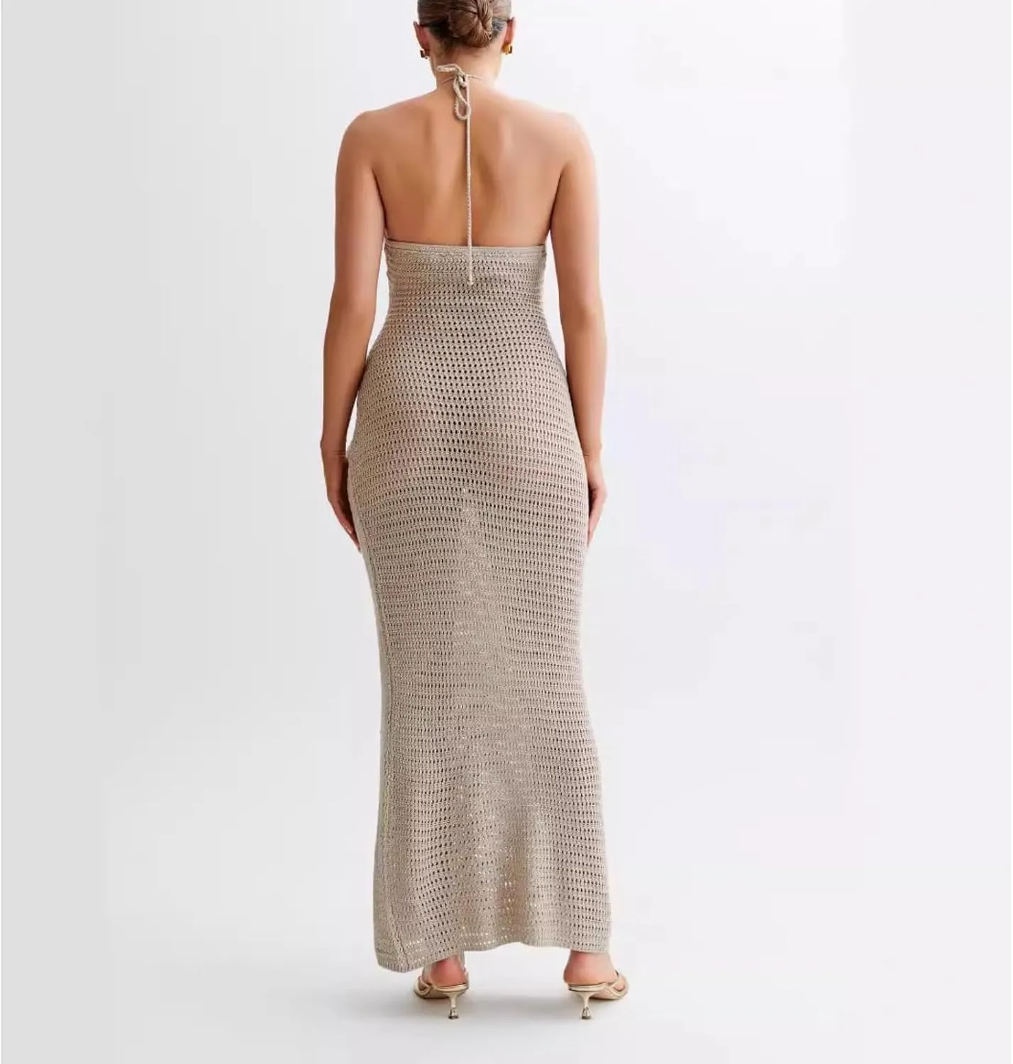 Summer 3D Flower Party Dresses Women's Halter Knitted Hollow Out Backless Dress Cover Up Holiday Party Maxi Robe