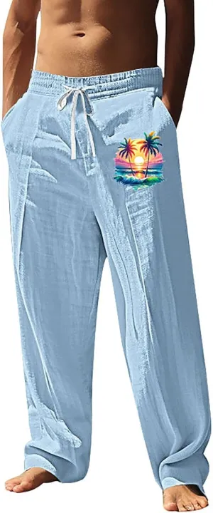 Summer Pants for Men Lightweight Relaxed Fit Trousers with Pockets Casual Wide Leg Vacation Beach Boho Pants