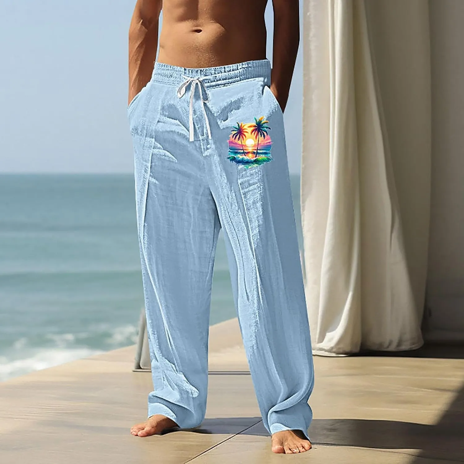 Summer Pants for Men Lightweight Relaxed Fit Trousers with Pockets Casual Wide Leg Vacation Beach Boho Pants