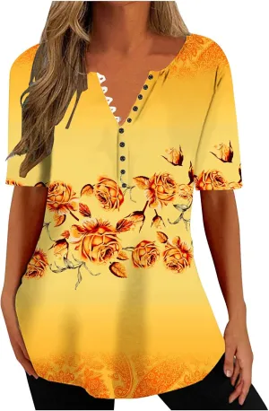 Summer Tops for Women 2024 Dressy Casual Boho Floral Print Tunic Shirts Short Sleeve Button Henley Tshirt Loose Blouse