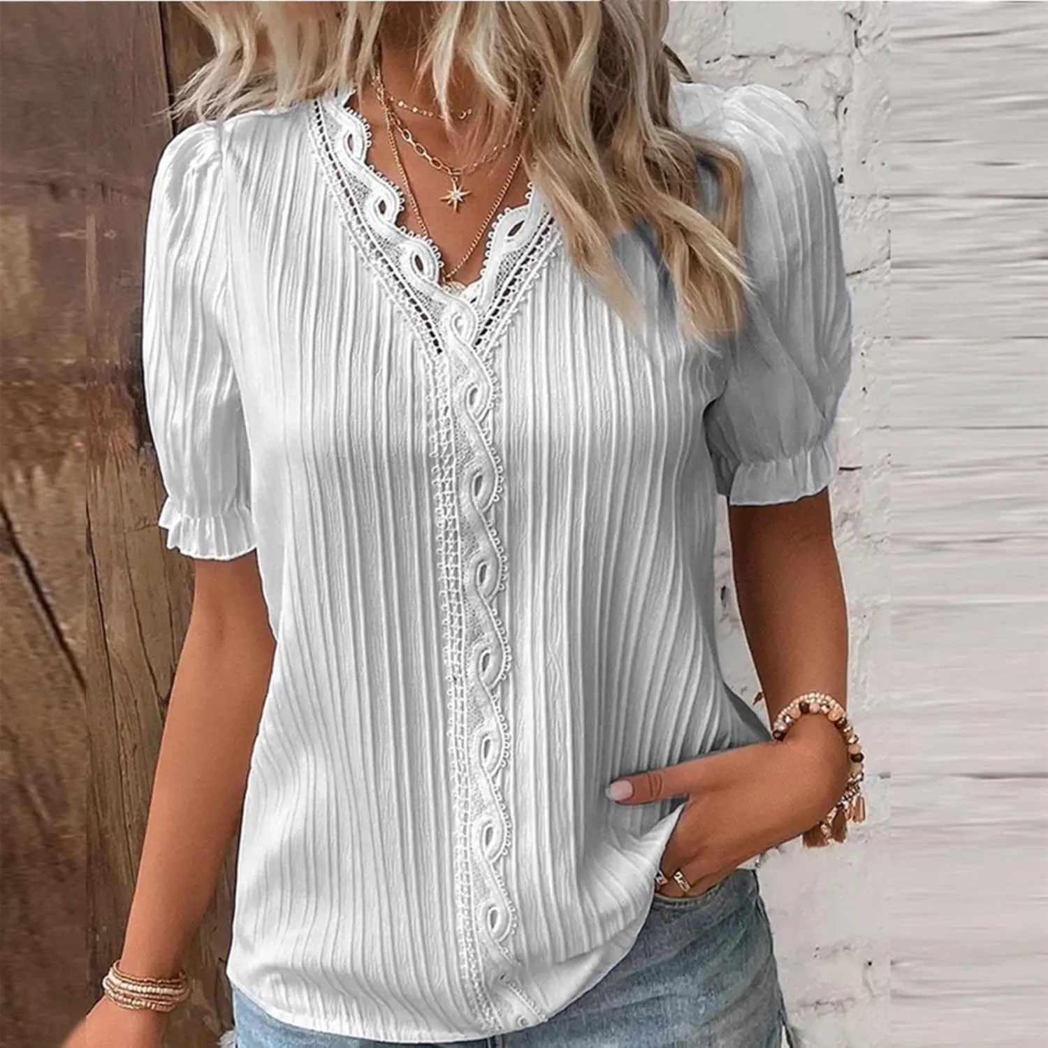 Summer Tops for Women 2025 Casual Lace V Neck Plain Elegant Shirt Fashion Solid Short Sleeve Tunic Blouses Outfits