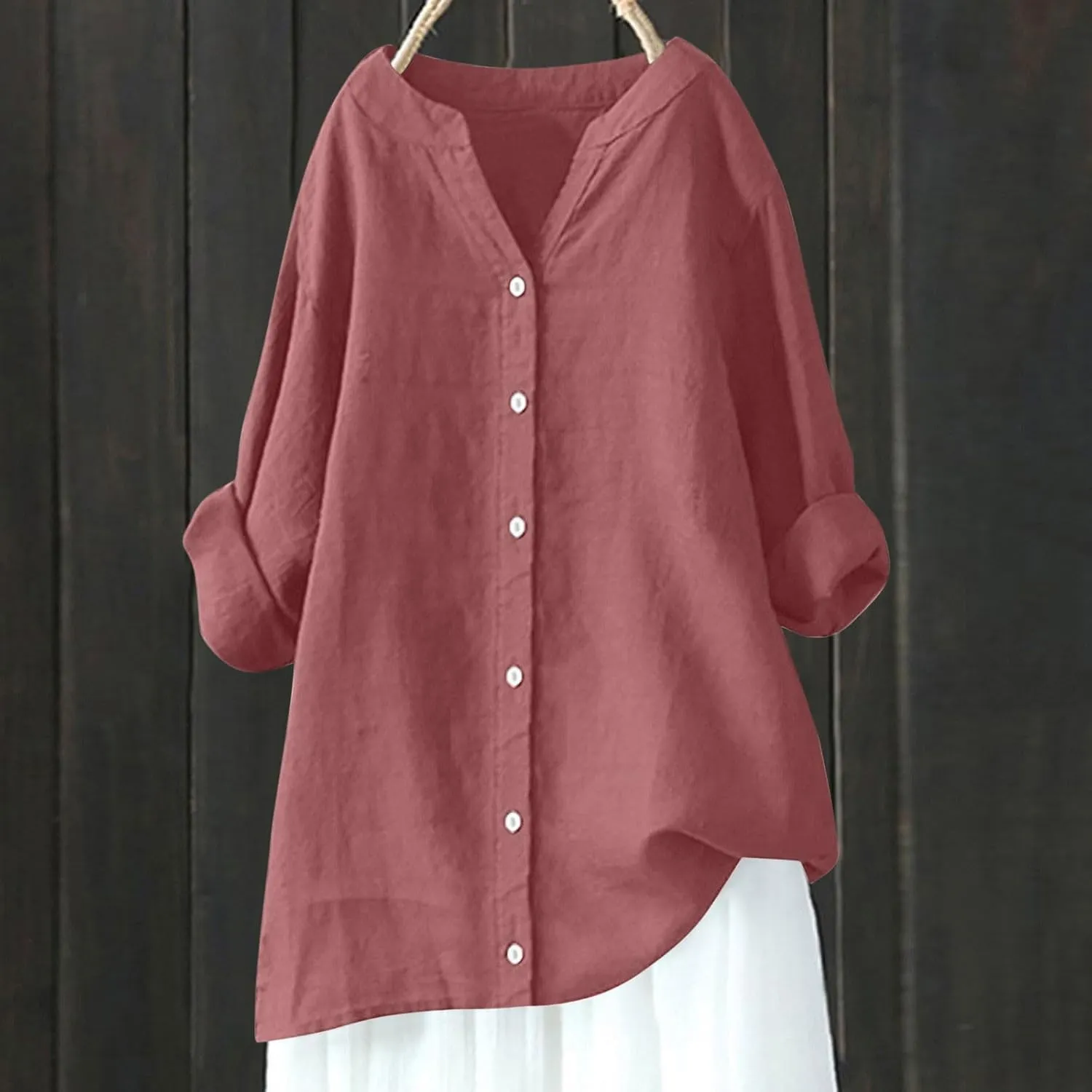 Summer Tops for Women 2025 Trendy Long Sleeve Cotton Linen Shirt Casual Button Down V Neck Tunic Gauze Blouses