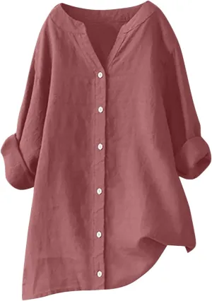 Summer Tops for Women 2025 Trendy Long Sleeve Cotton Linen Shirt Casual Button Down V Neck Tunic Gauze Blouses