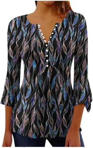 Summer Tops for Women Trendy Boho Vintage 3/4 Sleeve Tunic Blouse V-Neck T-Shirt Casual Floral Spring Fashion Outfits