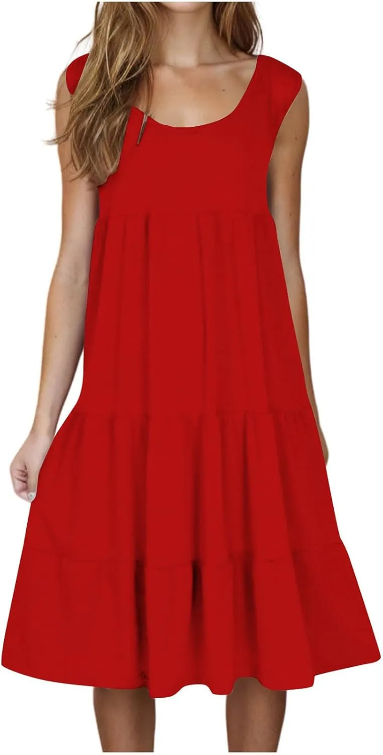 Sundresses for Women Casual Beach 2025 Summer Tank Dress Round Neck Pleated Dresses Plus Size Solid Vacation Sun Dress