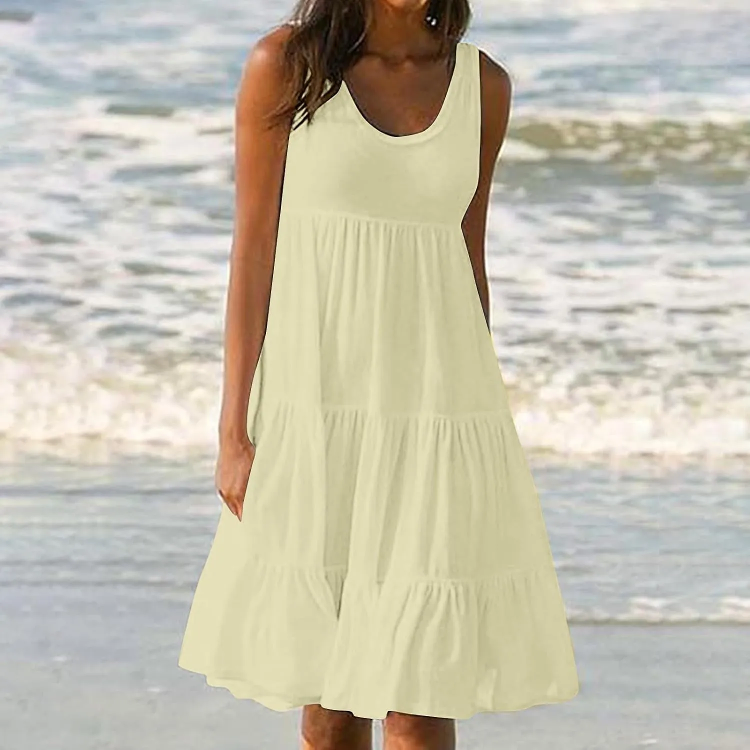 Sundresses for Women Casual Beach 2025 Summer Tank Dress Round Neck Pleated Dresses Plus Size Solid Vacation Sun Dress