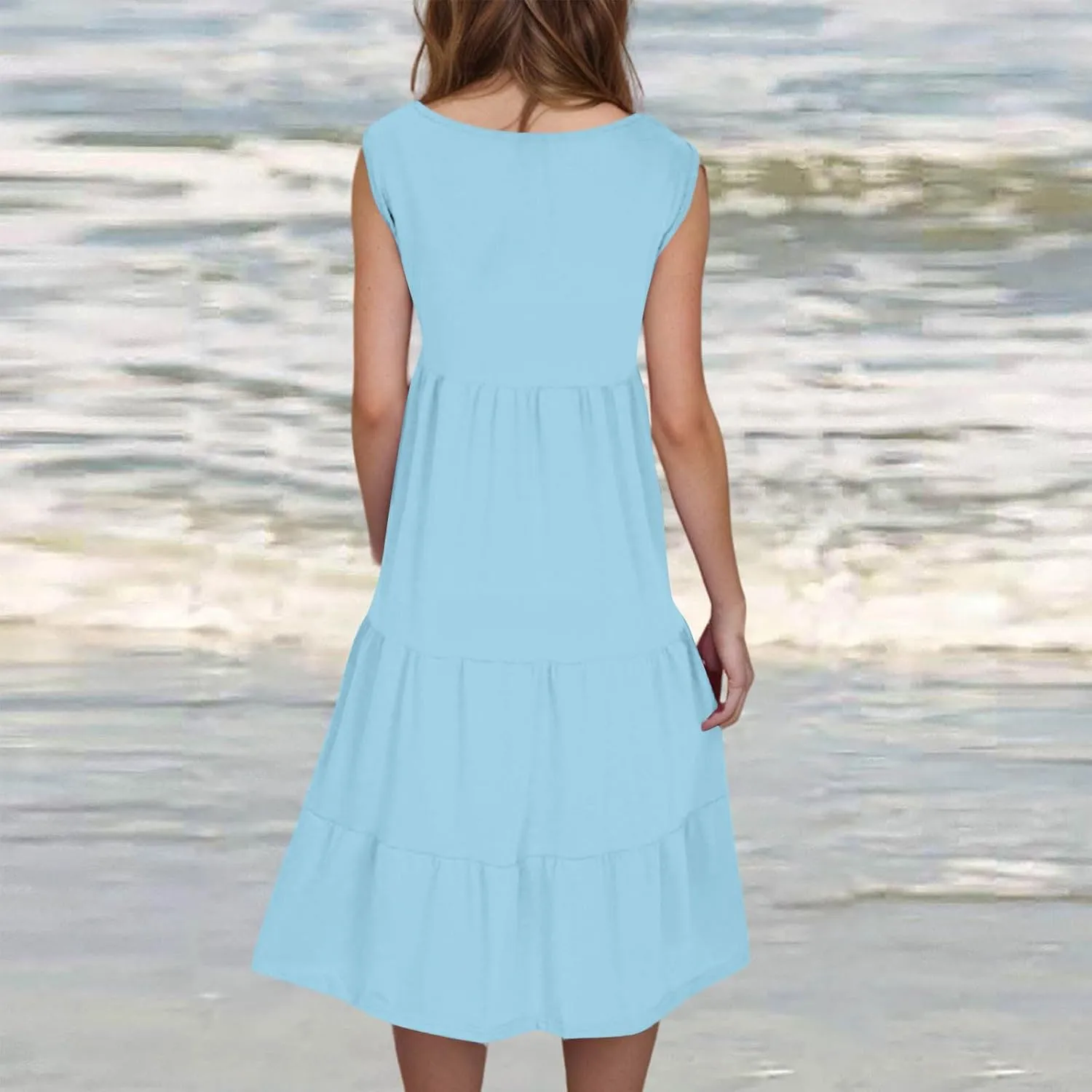 Sundresses for Women Casual Beach 2025 Summer Tank Dress Round Neck Pleated Dresses Plus Size Solid Vacation Sun Dress