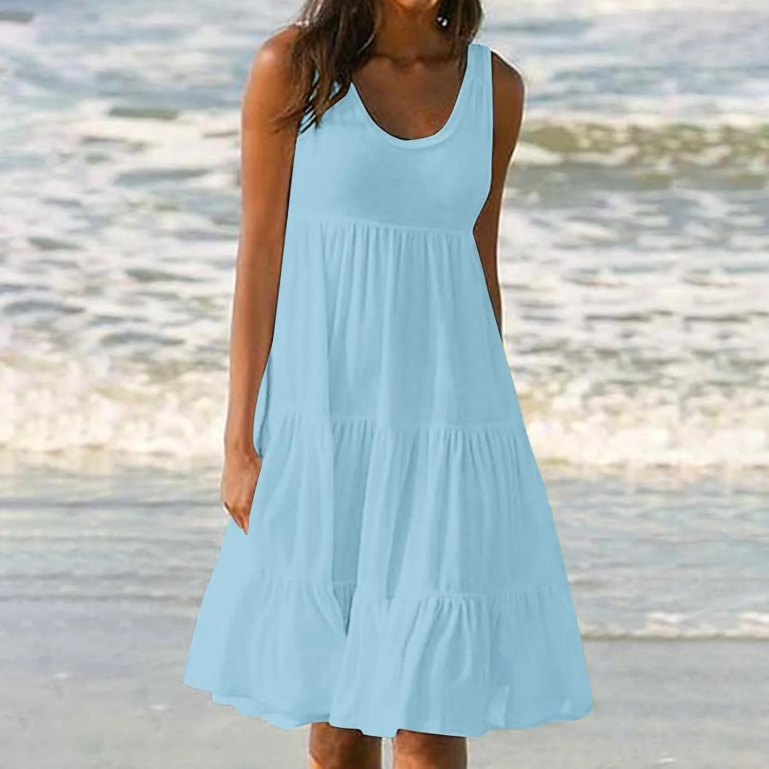 Sundresses for Women Casual Beach 2025 Summer Tank Dress Round Neck Pleated Dresses Plus Size Solid Vacation Sun Dress
