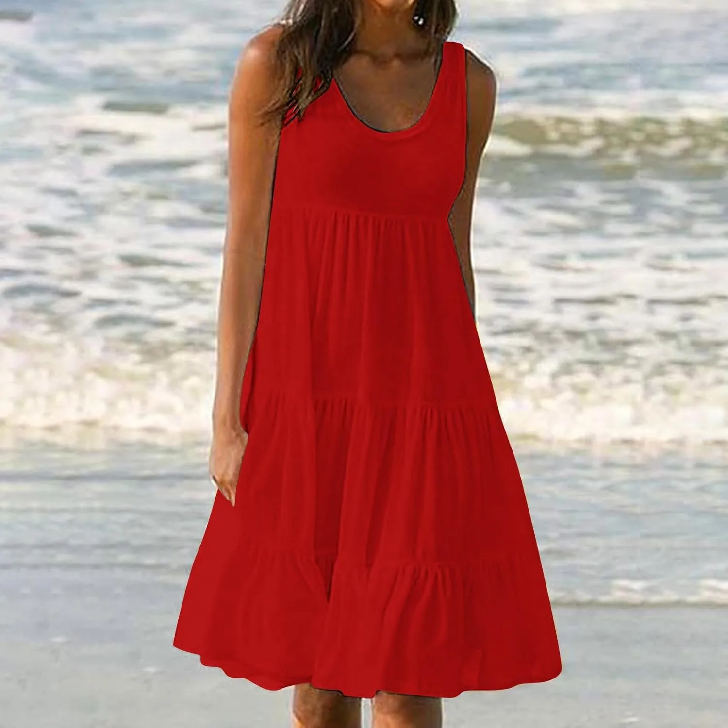 Sundresses for Women Casual Beach 2025 Summer Tank Dress Round Neck Pleated Dresses Plus Size Solid Vacation Sun Dress