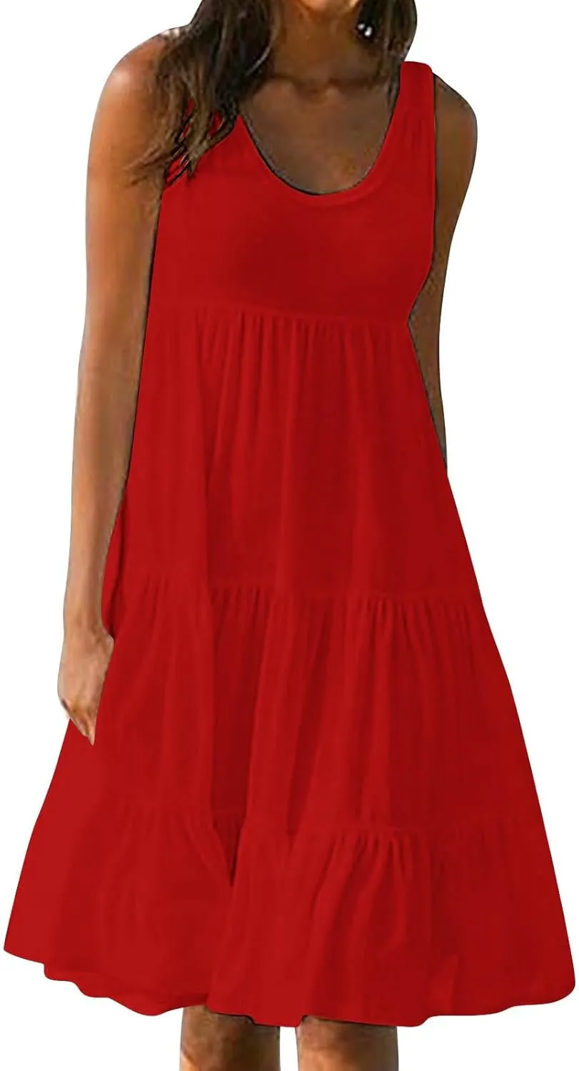Sundresses for Women Casual Beach 2025 Summer Tank Dress Round Neck Pleated Dresses Plus Size Solid Vacation Sun Dress