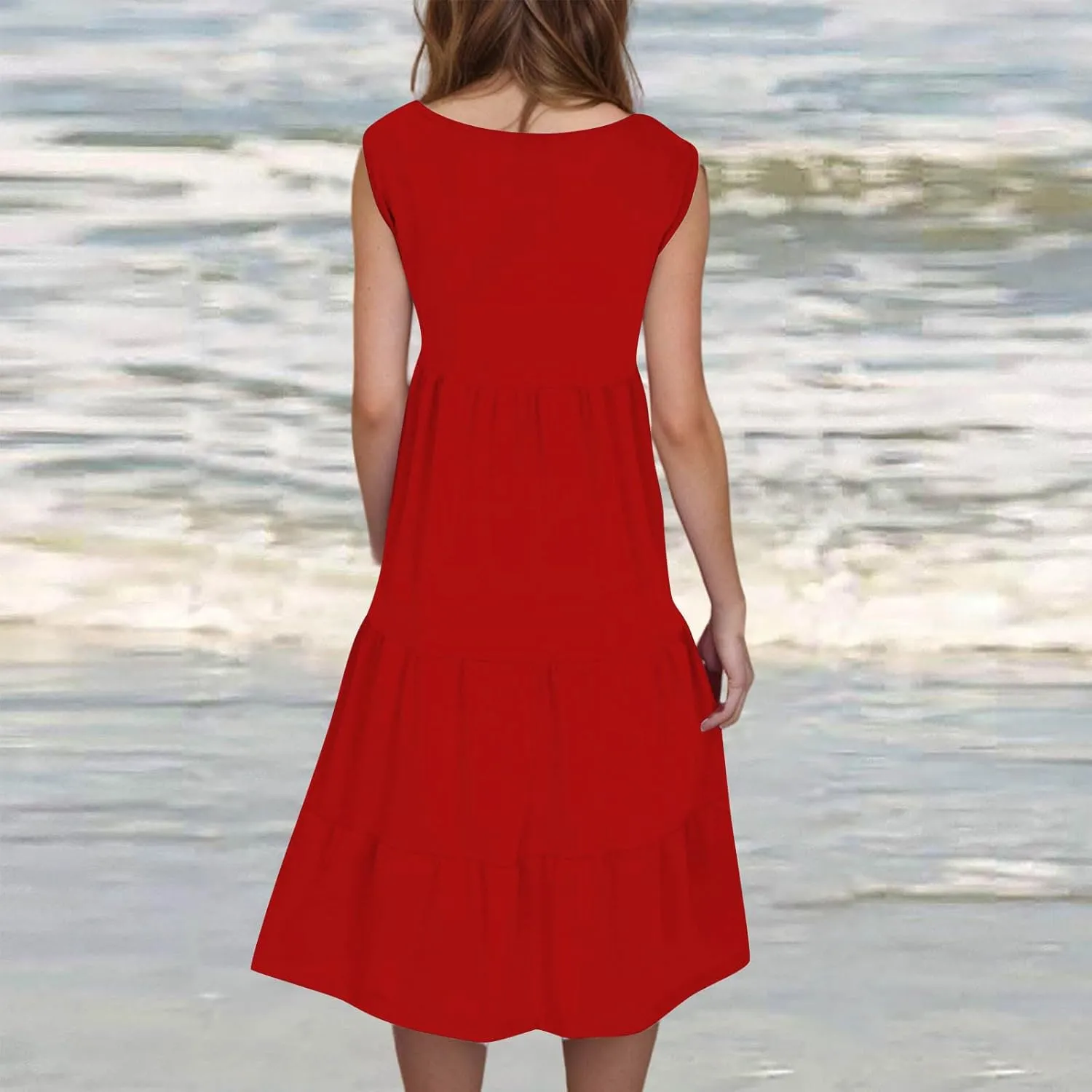 Sundresses for Women Casual Beach 2025 Summer Tank Dress Round Neck Pleated Dresses Plus Size Solid Vacation Sun Dress