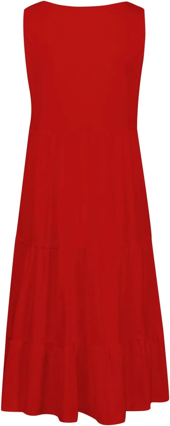 Sundresses for Women Casual Beach 2025 Summer Tank Dress Round Neck Pleated Dresses Plus Size Solid Vacation Sun Dress