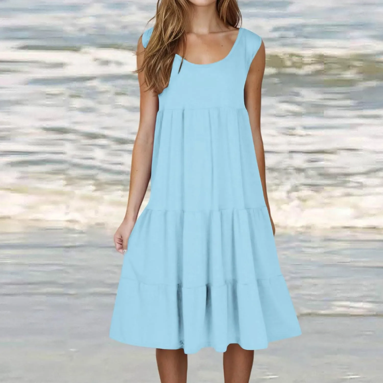 Sundresses for Women Casual Beach 2025 Summer Tank Dress Round Neck Pleated Dresses Plus Size Solid Vacation Sun Dress