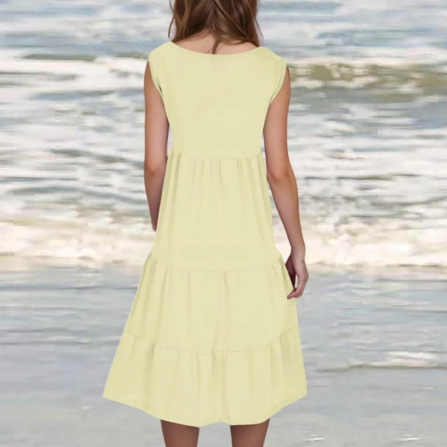 Sundresses for Women Casual Beach 2025 Summer Tank Dress Round Neck Pleated Dresses Plus Size Solid Vacation Sun Dress