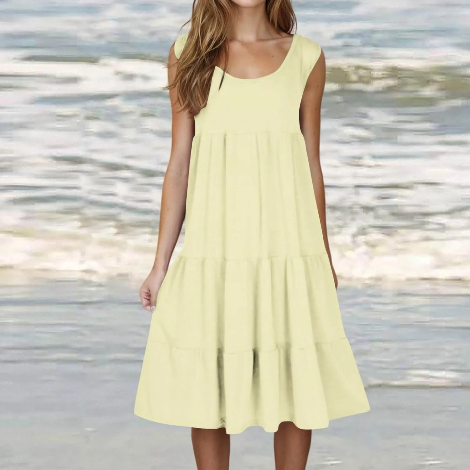 Sundresses for Women Casual Beach 2025 Summer Tank Dress Round Neck Pleated Dresses Plus Size Solid Vacation Sun Dress