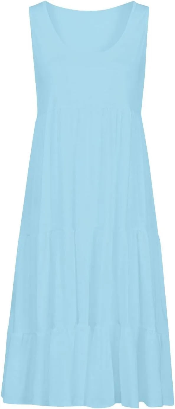 Sundresses for Women Casual Beach 2025 Summer Tank Dress Round Neck Pleated Dresses Plus Size Solid Vacation Sun Dress