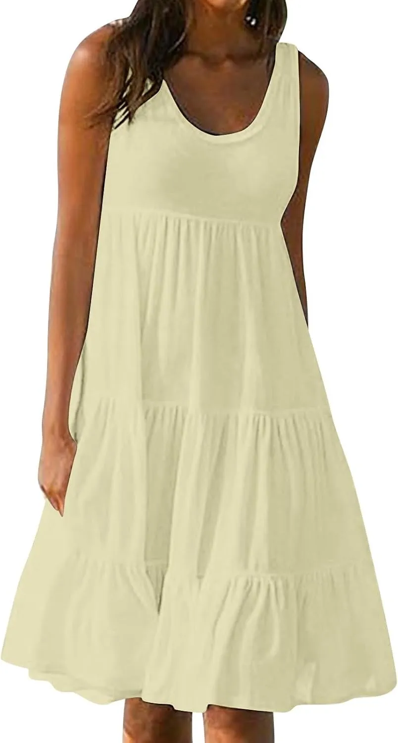 Sundresses for Women Casual Beach 2025 Summer Tank Dress Round Neck Pleated Dresses Plus Size Solid Vacation Sun Dress