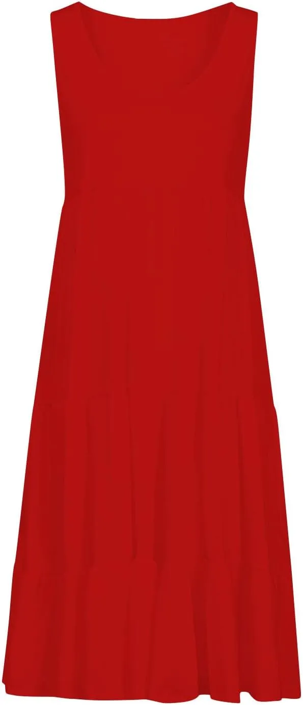Sundresses for Women Casual Beach 2025 Summer Tank Dress Round Neck Pleated Dresses Plus Size Solid Vacation Sun Dress