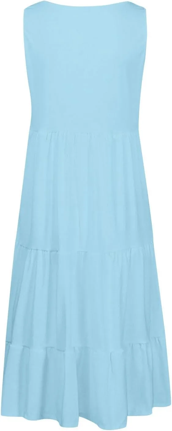 Sundresses for Women Casual Beach 2025 Summer Tank Dress Round Neck Pleated Dresses Plus Size Solid Vacation Sun Dress